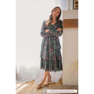 NWT Merrick White Womens Midi Dress Green M Floral Layered Ruffle Waist Tie